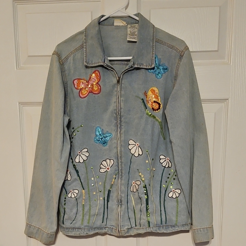 Vintage Light Blue Denim Jacket with Garden Details In Embroidery And Sequins